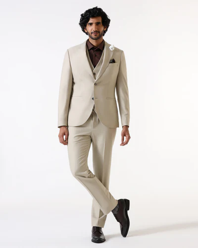 Beige Three Piece Solid Suit