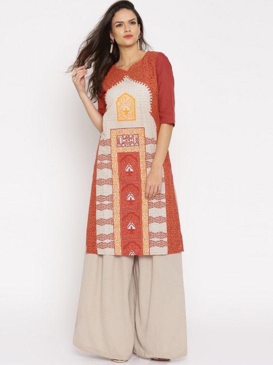 Aurelia Red & Off-White Printed Kurta