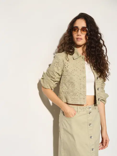Beige Broderie Anglaise Cropped Jacket