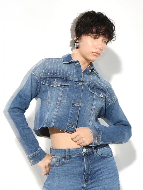 Blue Rhinestone Detail Denim Jacket
