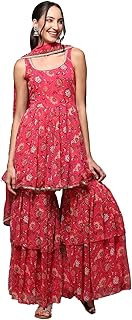 Blue Floral Printed Kurta, Sharara and Dupatta Set