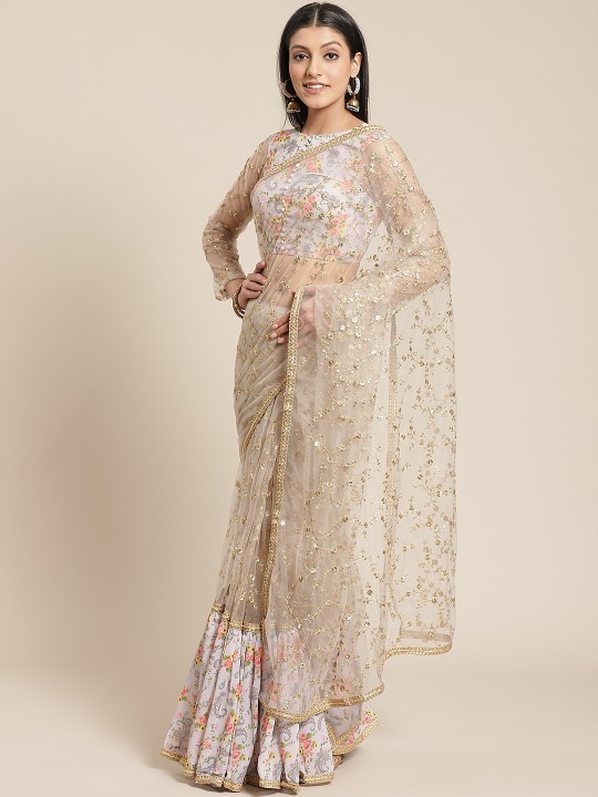 Grey & Golden Net Embroidered Ruffled Saree
