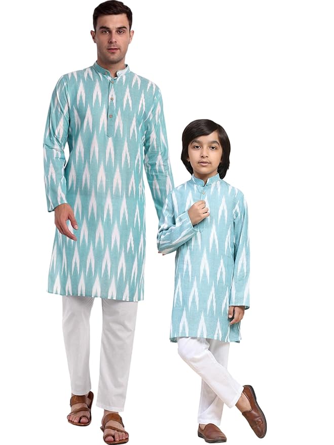 Pure Cotton Ikat Print Kurta Set for Father Son