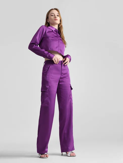 Purple High Rise Satin Cargo Pants