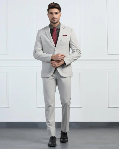 Two Piece Beige Solid Formal Suit 