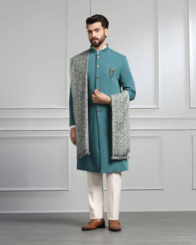 Swarn Two Piece Dark Green Solid Achkan Set 