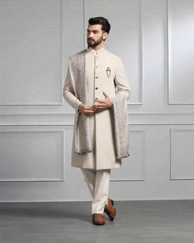 Swarn Two Piece Beige Solid Achkan Set 