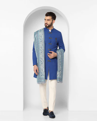 Swarn Two Piece Royal Blue Solid Achkan Set 