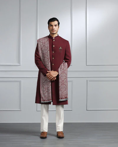 Swarn Two Piece Maroon Solid Achkan Set