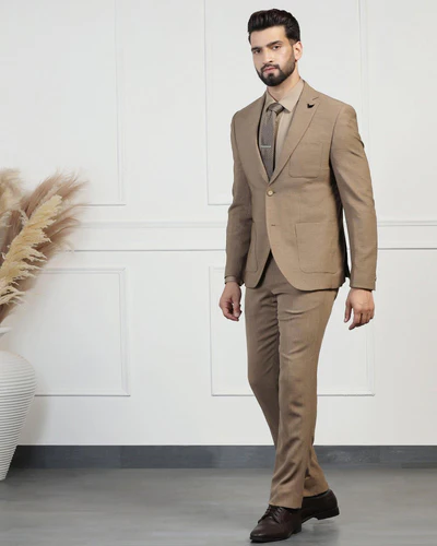 Two Piece Khaki Textured Formal Suit 
