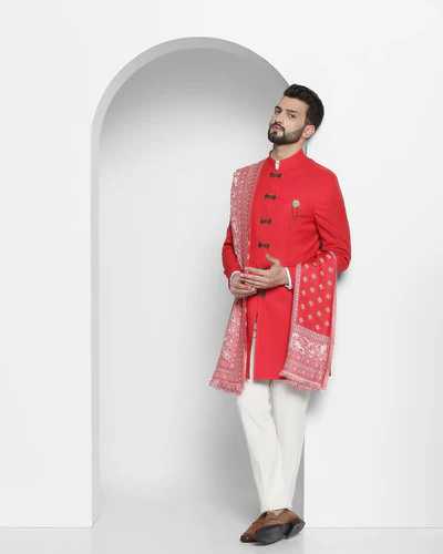 Swarn Two Piece Red Solid Achkan Set 