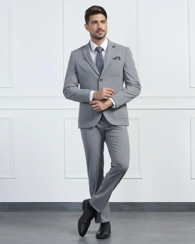 Two Piece Grey Solid Formal Suit
