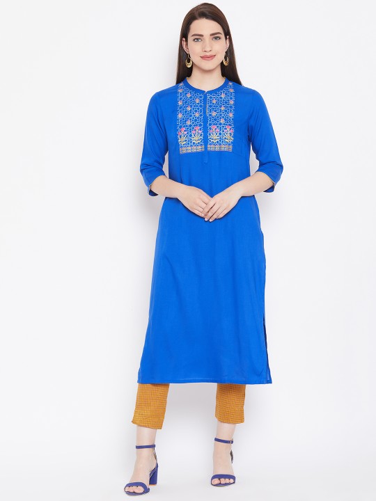 Women Blue Yoke Design Straight Kurta