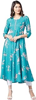 Women Teal & Pink Floral Printed A-Line Kurta