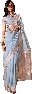 Women Floral Print Pure Linen Silk Saree with Uns