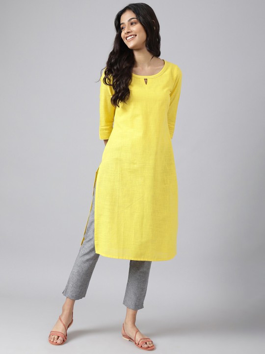 Women Yellow Keyhole Neck Kurta