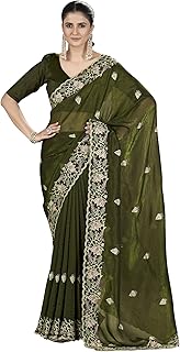 Womens Beige Crepe Moti Work Printed Saree With U