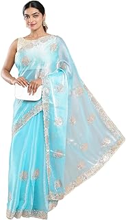 Womens Chikankari Silk Blend Sequins Saree With U