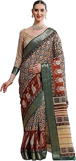 Womens Cotton Linen Striped Printed Saree With Un