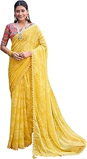 Womens Crepe Botanical Printed Saree With Unstitc
