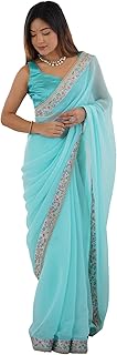 Womens Green Vichitra Silk Embroidered Saree with