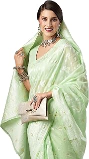 Womens Green Hand Print Satin Saree With Un-stitc