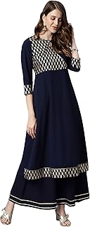 Womens Navy Blue Crepe Ethnic Motifs Flared Kurta