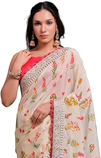 Womens Multicolor Organza Floral Printed Saree Wi