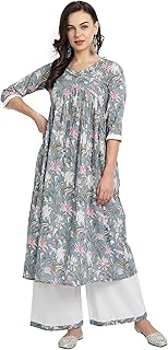 Womens Navy Blue & Green Floral Printed Straight 