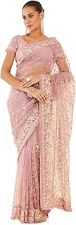 Womens Pink colored embroidered net saree with sc