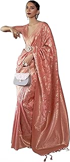 Womens Pink Georgette Zari Woven Design Saree wit