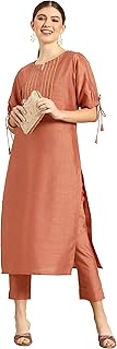 Womens Peach Poly Silk Embellished Kurta with Pan