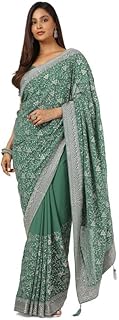 Womens Pink Georgette Sequins Embellished Saree w