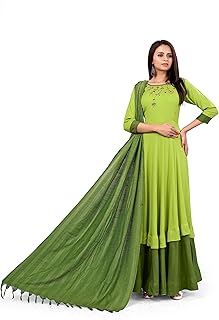 Womens Printed Cotton Flared Kurta with Dupatta