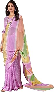 Womens Pure Chiffon Striped Printed Saree With Un