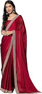 Womens Red Vichitra Silk Embellished Saree With U