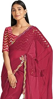 Womens Red Crepe Bandhani Printed Saree With Unst