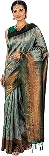 Womens Silk Blend Striped Printed Saree With Unst