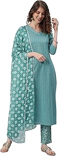Womens Turquoise Cotton Kurta With Pant And Dupat