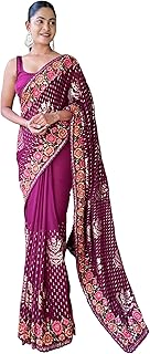Womens Vichitra Silk Embellished Solid Saree With