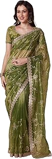 Womens White Organza Embellished Saree With Unsti