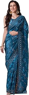 Womens Blue Geometric Print Chanderi Jacquard Weav