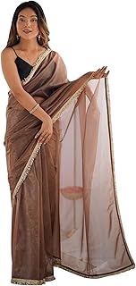 Womens Light Teal Chiffon Embroidered Saree With S