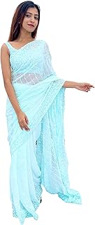 Womens Peach Organza Embroidered Saree With Stone 