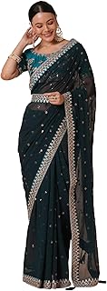 Womens Cream Georgette Embroidered Saree With Sequ