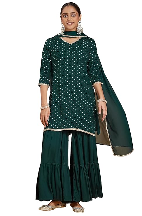 Women's Dark Green Rayon Embellished Foil Printed Kurta with Sharara & Dupatta Set