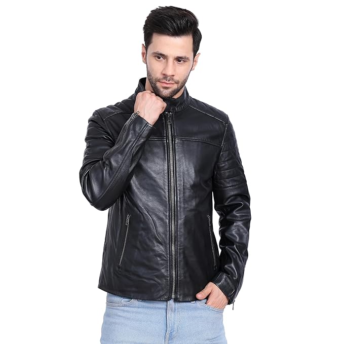 Men Black Striped Lightweight Biker Genuine Leathe