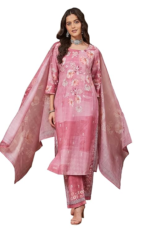 Women's Pink Cotton Blend Floral Printed Straight Kurta Set