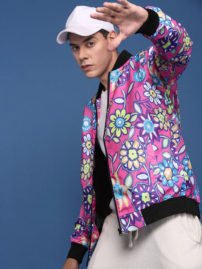 Men Pink Printed Floral Windcheater Crop Bomber