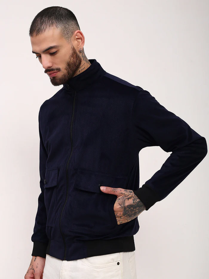 Men Navy Blue Mock Collar Solid Casual Bomber Wind